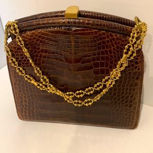 Lucille De Paris 🤎 Alligator Reptile RARE Brown Vintage Purse Gold Chain HW
